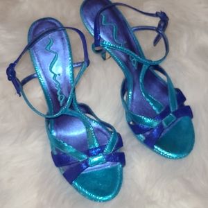 Blue and teal strappy heels